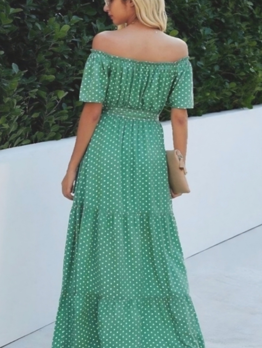 Clearence - Green Polka Dot Off-Shoulder Dress - Picture 9 of 12